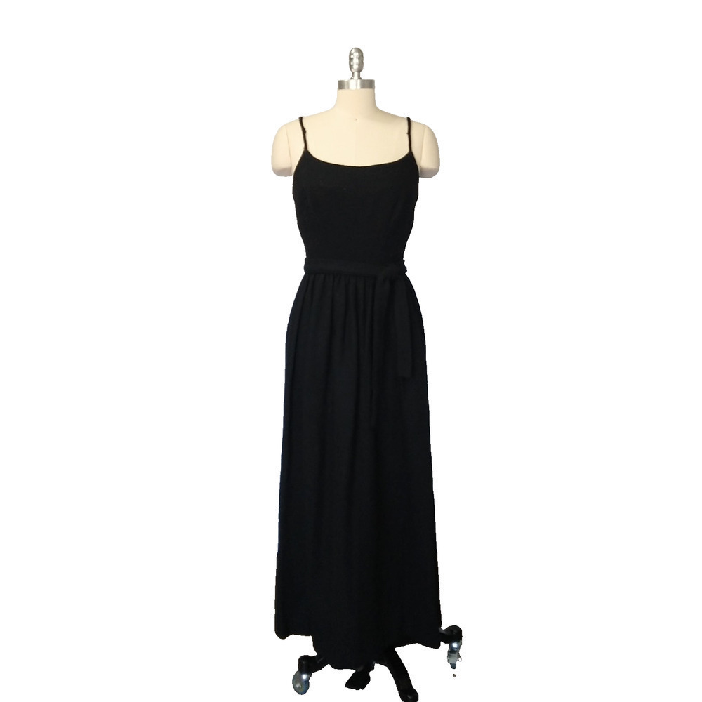 Vintage 50s Marek New York Black Maxi Dress Size S Wool Blend Belted Avant Garde